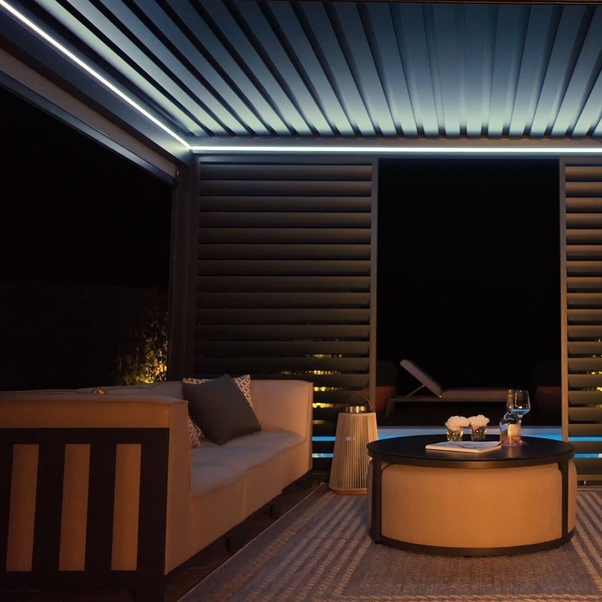 Maze Eden 3 x 4m - Aluminium Metal Outdoor Garden Pergola-LED Lights, Motorised Roof plus 3 Drop Sides & 4m Louvre Wall