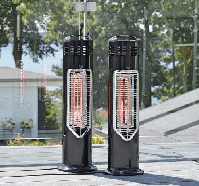 2 Black IMUS heaters on a patio
