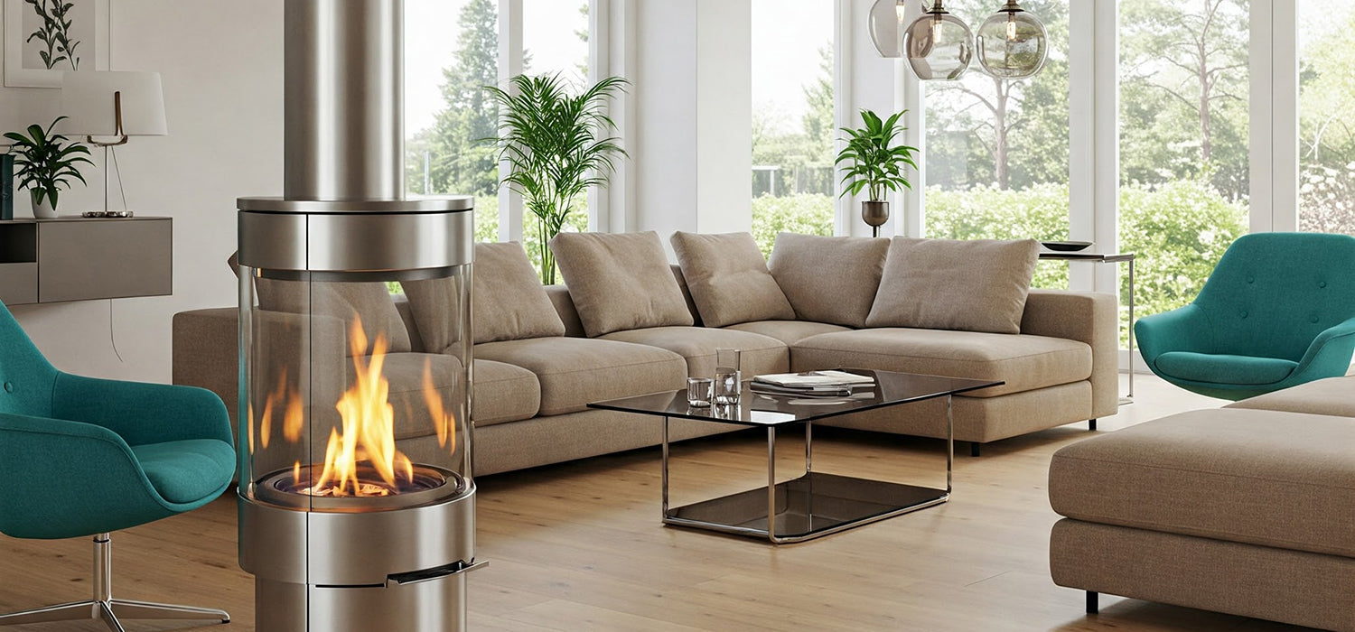 Bioethanol fireplace in a modern living room.