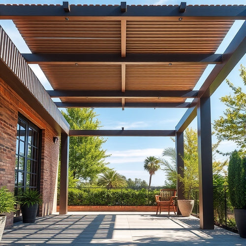 Lean-To Pergola with Metal Frame and Wood Slatting over a patio