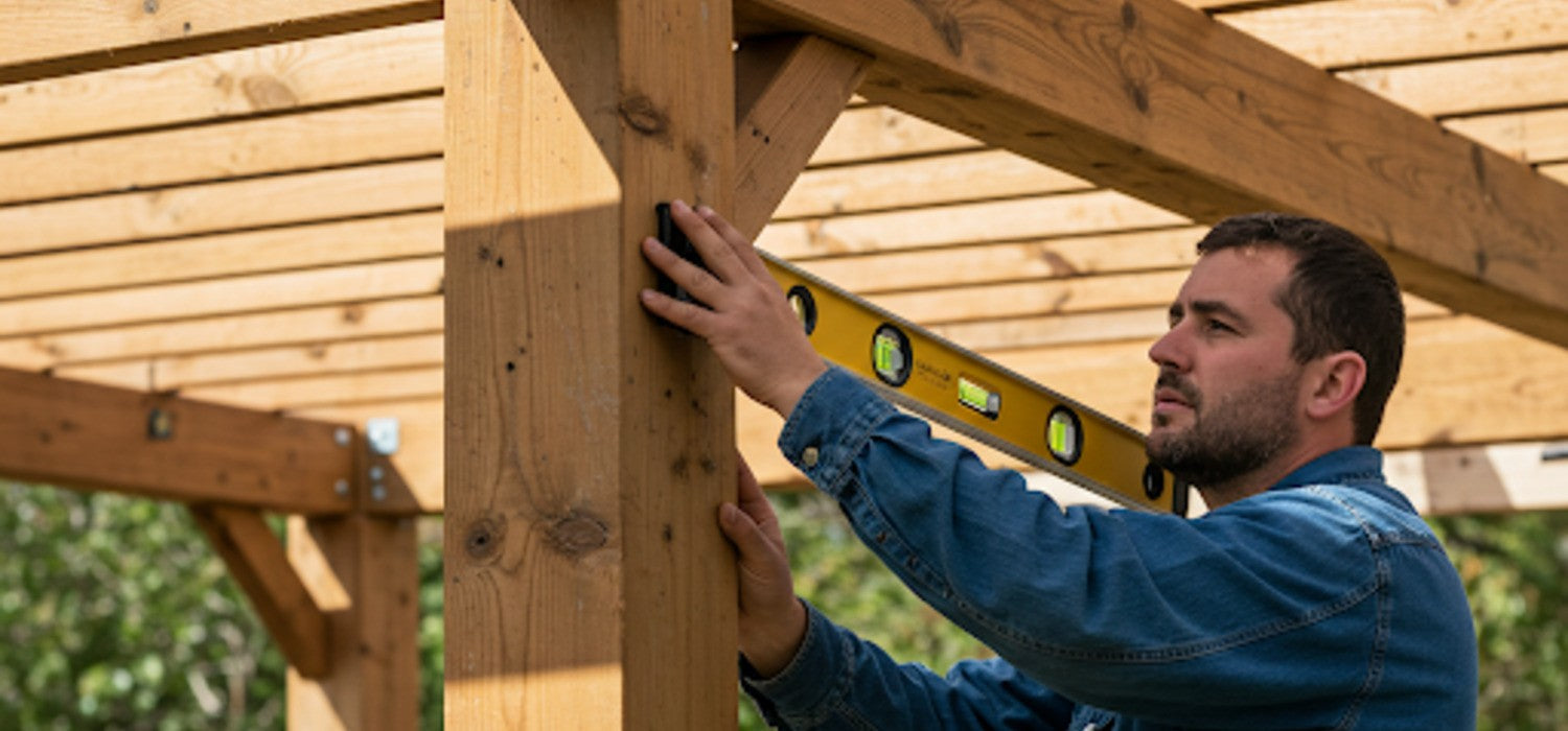 A man Building  Pergola and using a Level