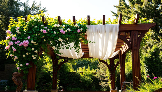 Wooden slatted lattice pergola, decorated with flowers and drapes