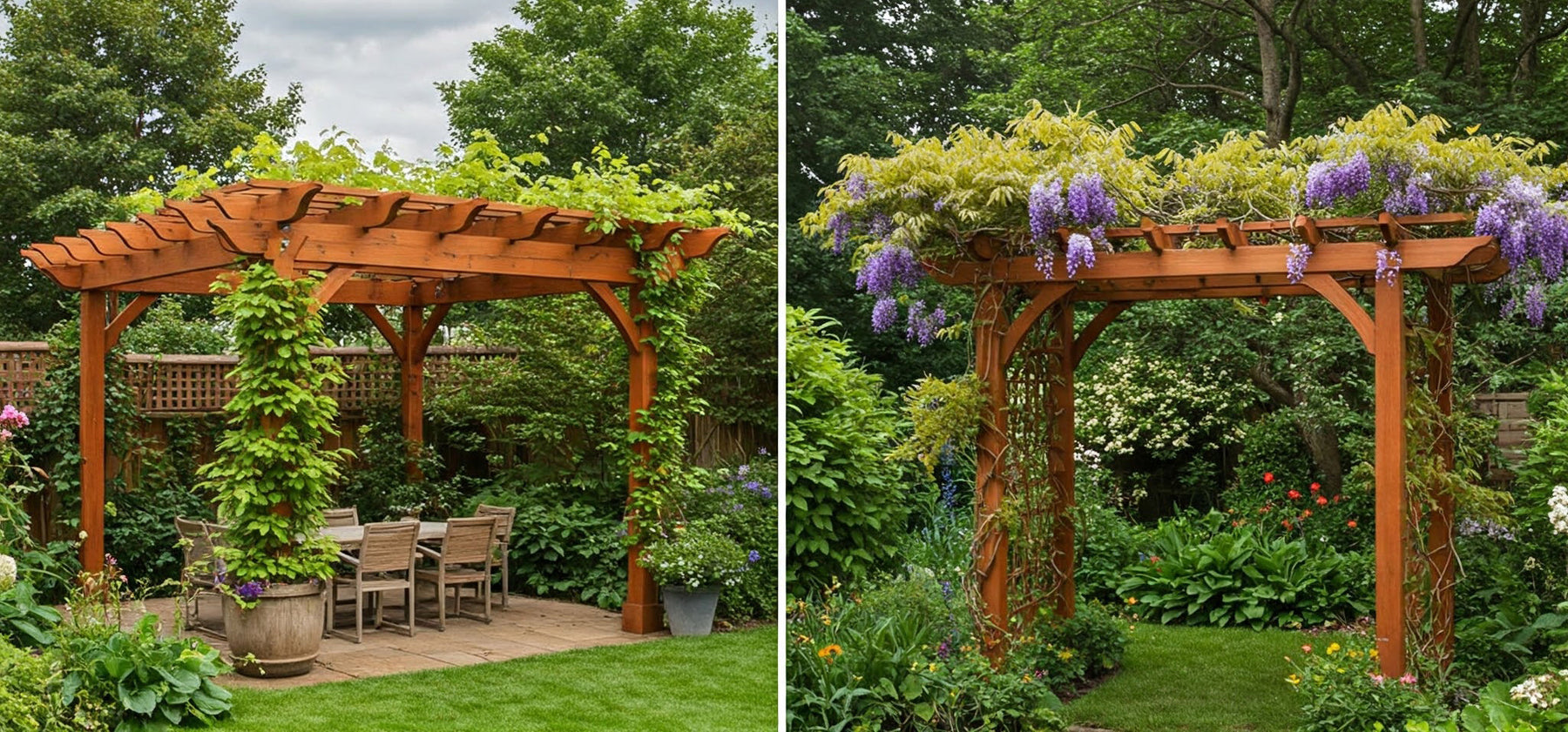 Two wooden pergolas in gardens, one with vines, one with wisteria.