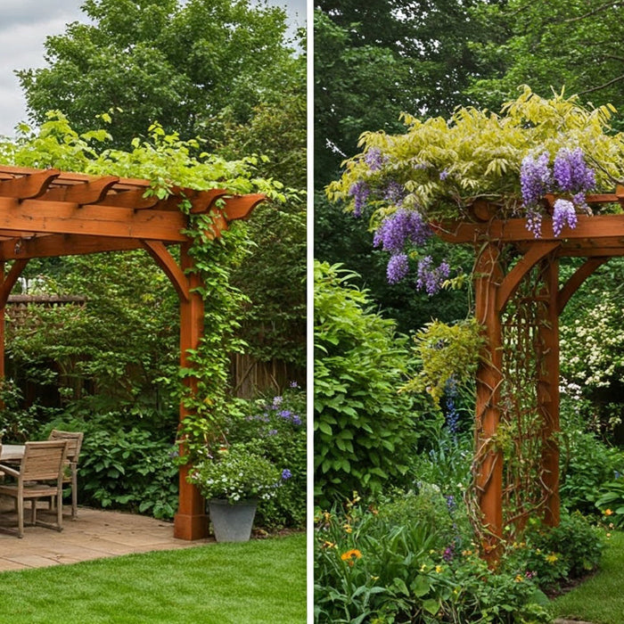 Two wooden pergolas in gardens, one with vines, one with wisteria.