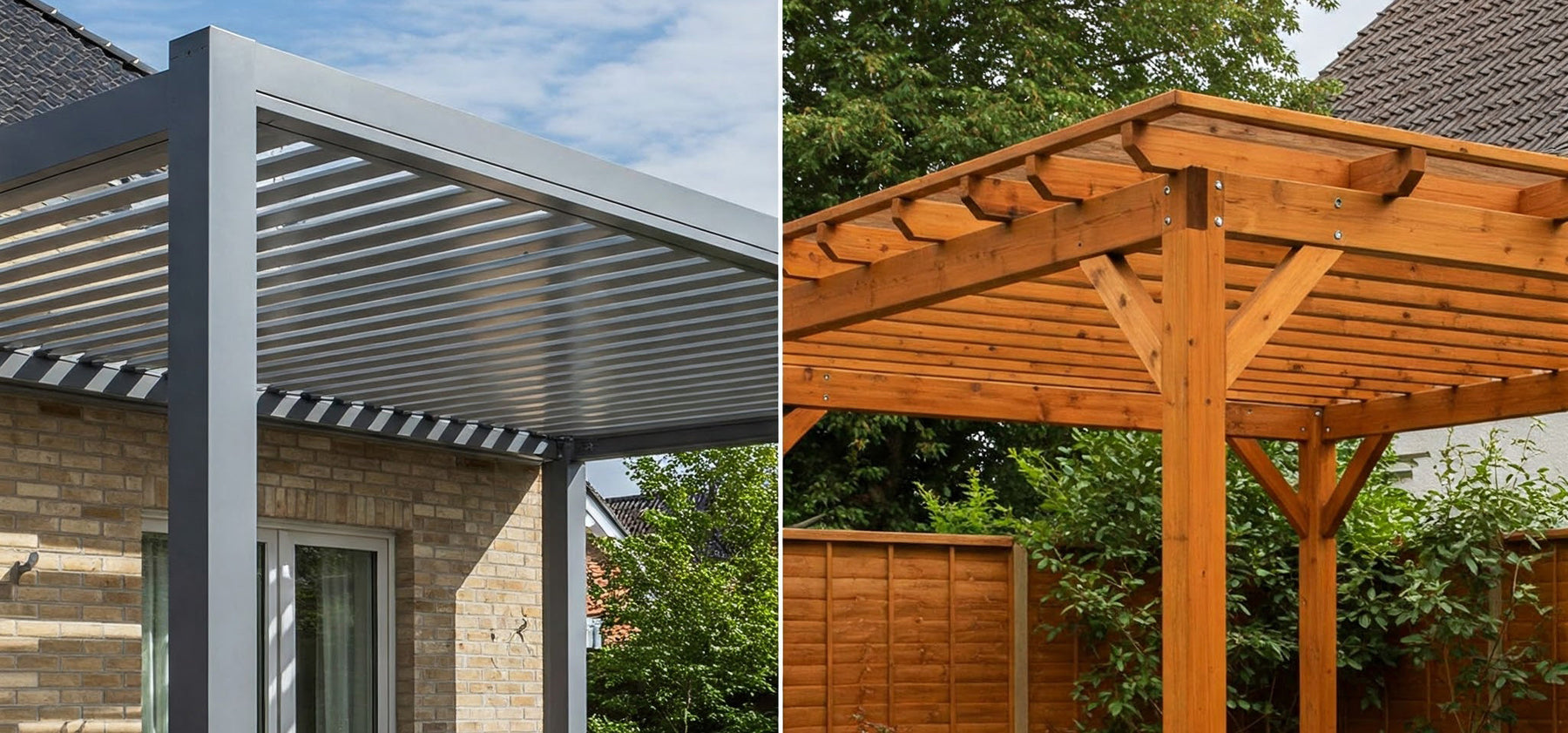 Aluminum and wood pergolas side-by-side