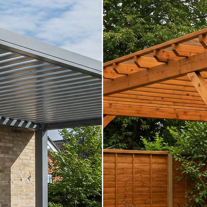 Aluminum and wood pergolas side-by-side