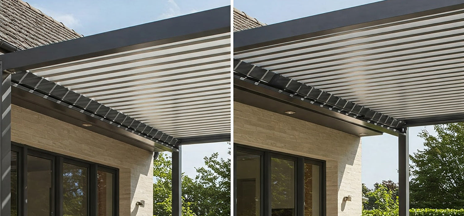 Split image showing electric pergola on left, manual on right