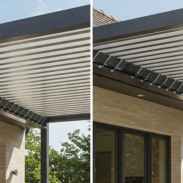 Split image showing electric pergola on left, manual on right