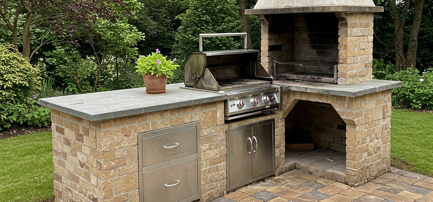 Outdoor brick kitchen with grill and chimney.