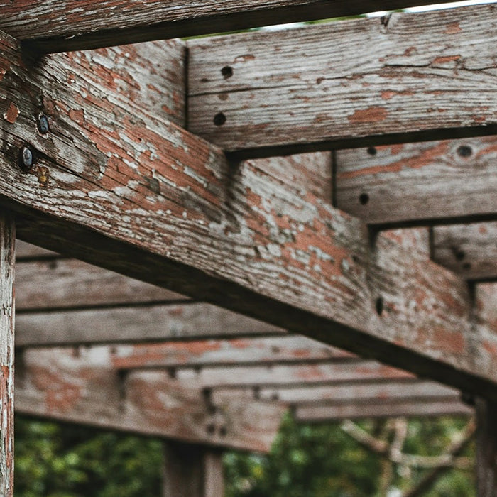 Weathered wooden pergola with peeling paint.