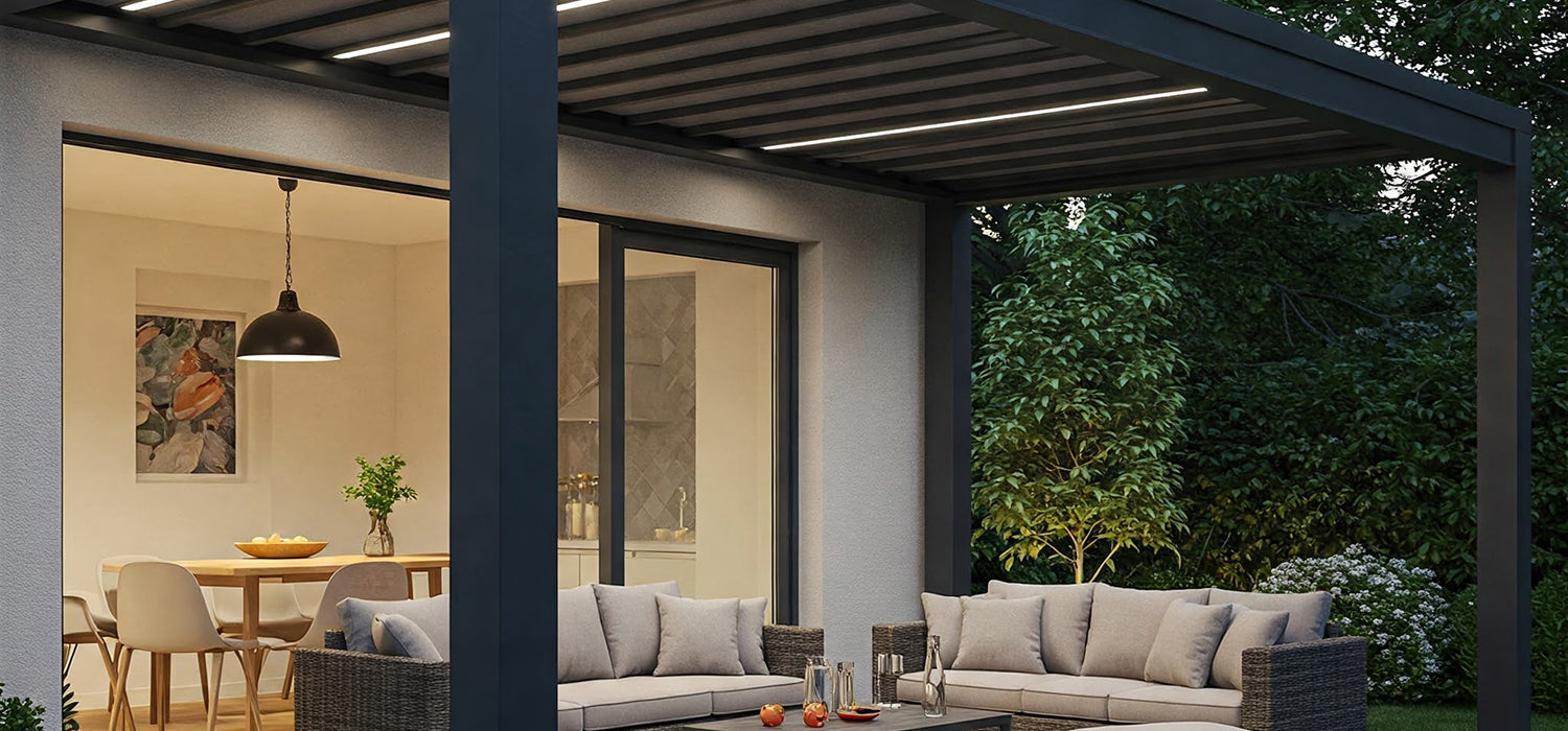 A modern pergola with built-in lighting on a patio