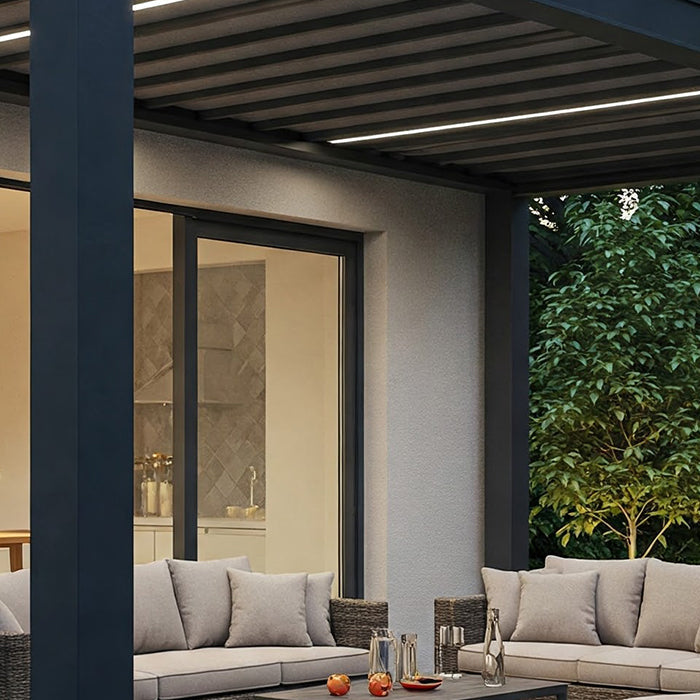 A modern pergola with built-in lighting on a patio