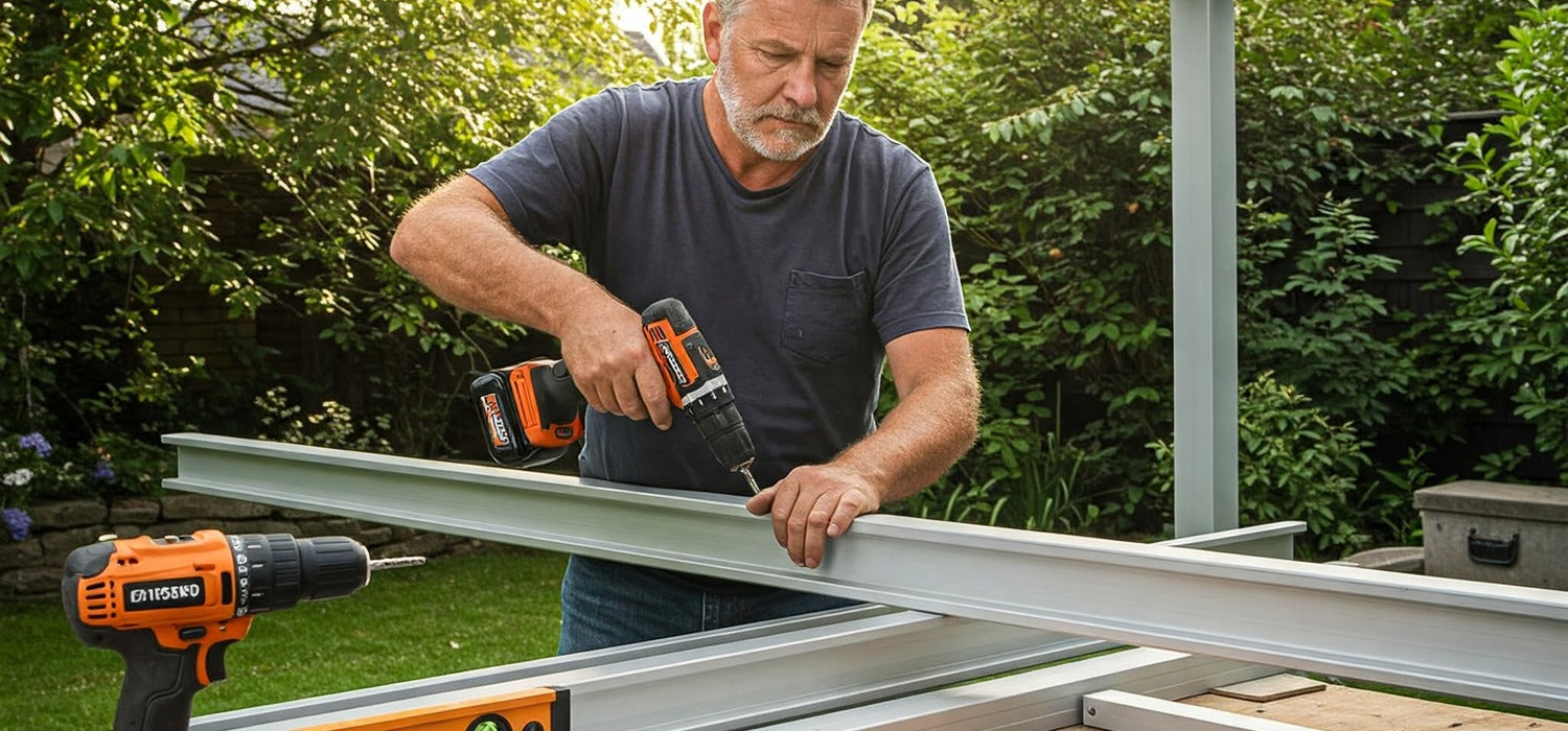 A man building an aluminium louvered pergola