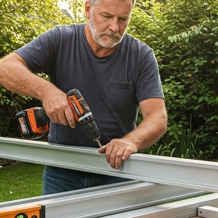 A man building an aluminium louvered pergola