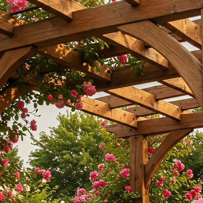 A wooden pergola with pink climbing roses