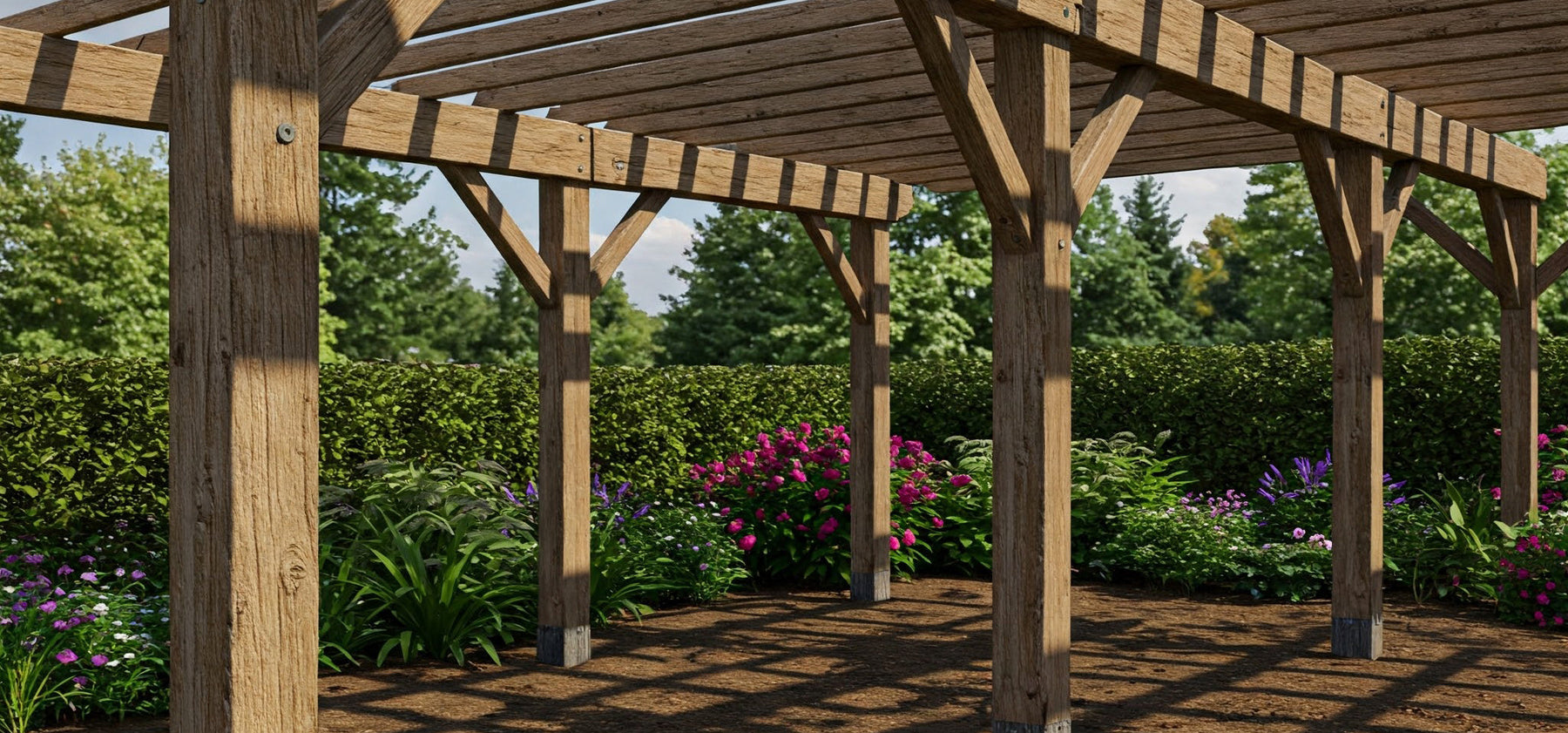 A pergola with posts buried into the ground.