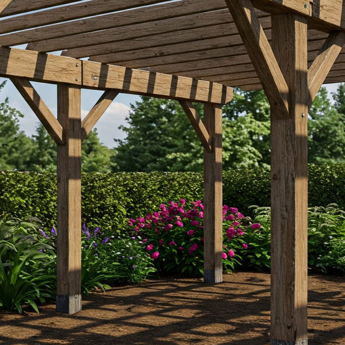 A pergola with posts buried into the ground.