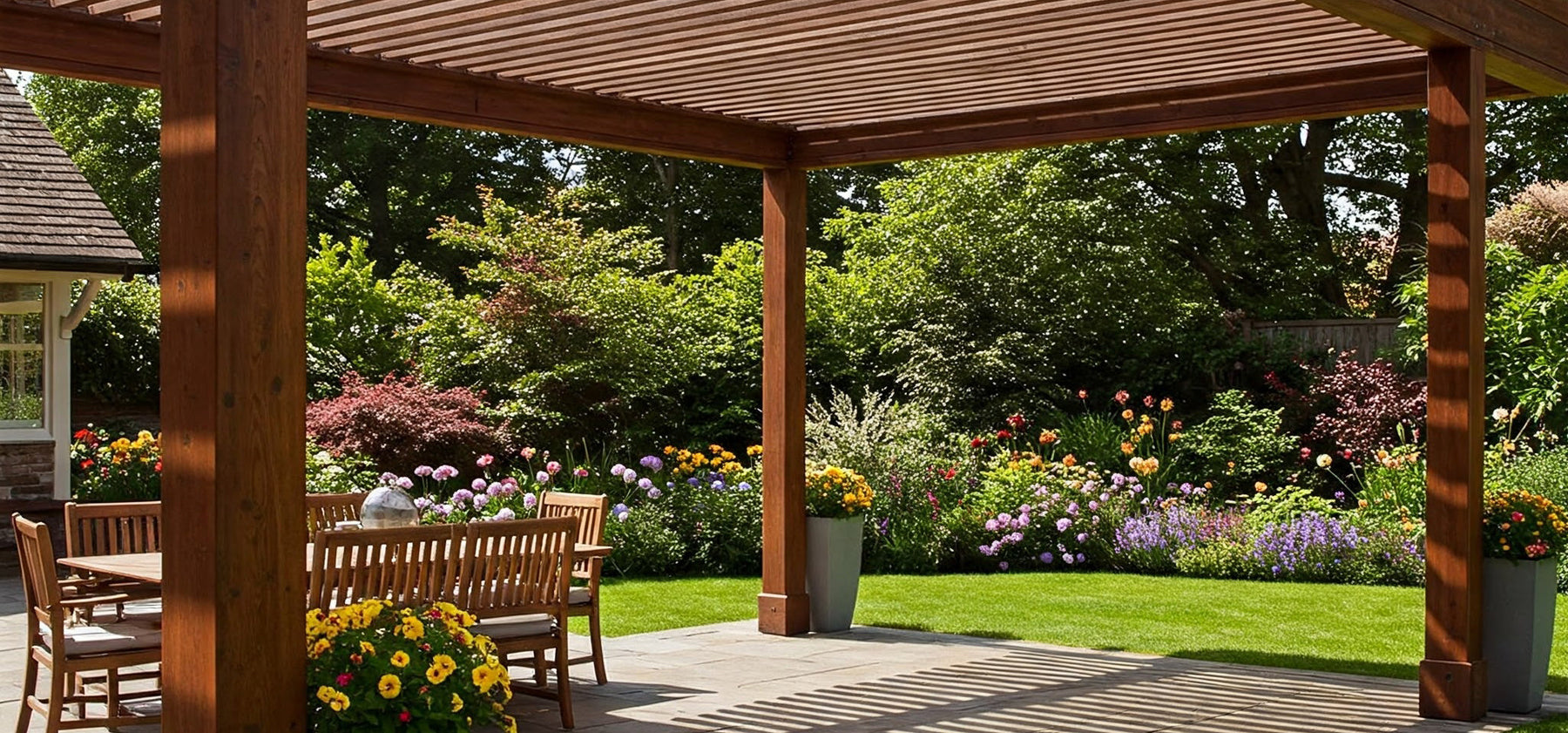 A wooden pergola with adjustable louvers, casting dappled shade on a patio.