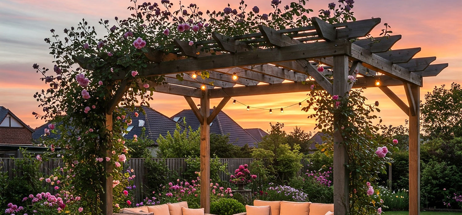 A pergola in a backyard garden with seating.