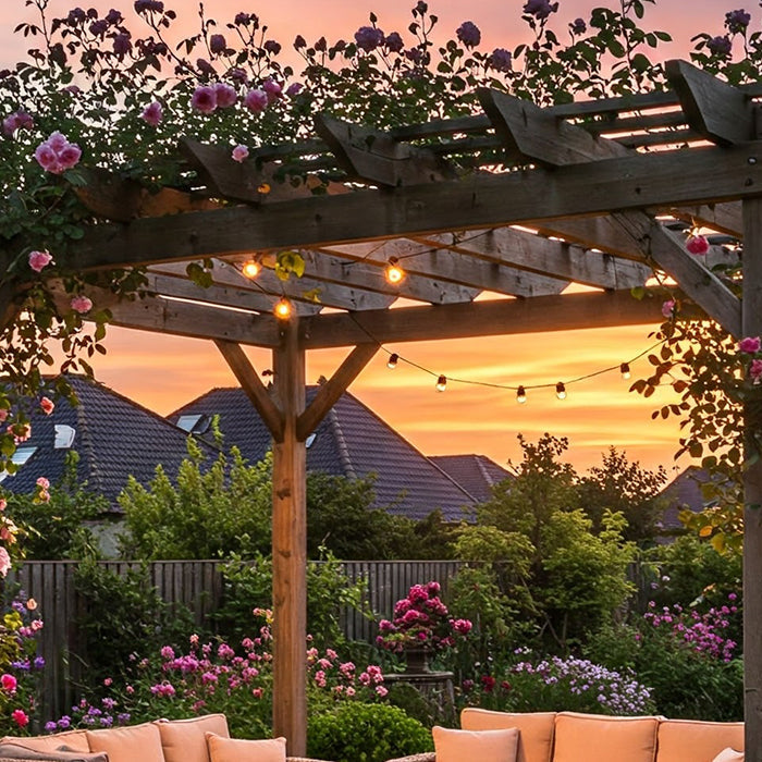 A pergola in a backyard garden with seating.