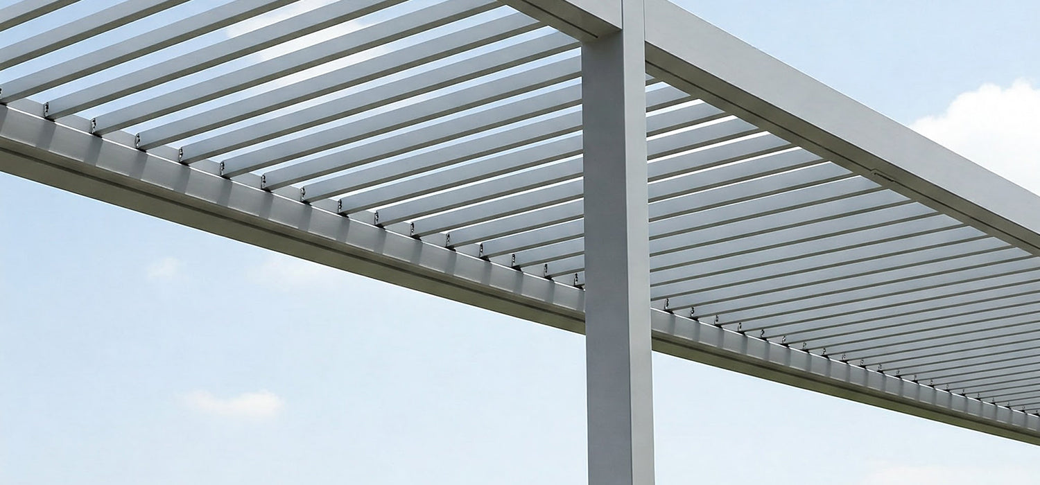 A manual louvered pergola with adjustable slats, providing shade and weather protection.