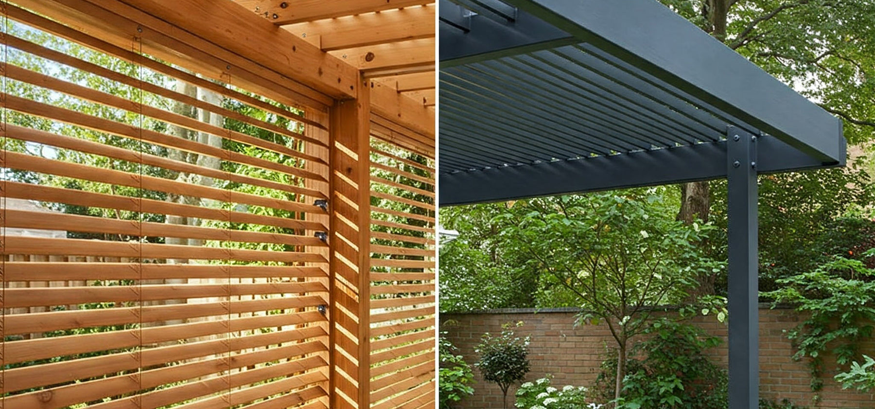 Two pergola styles: wood slats and modern metal.