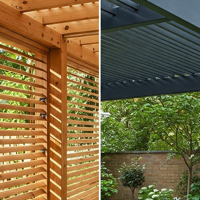 Two pergola styles: wood slats and modern metal.