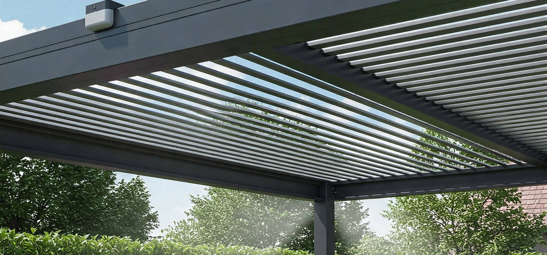 A modern pergola with adjustable slats overhead