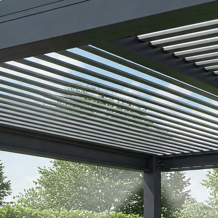 A modern pergola with adjustable slats overhead