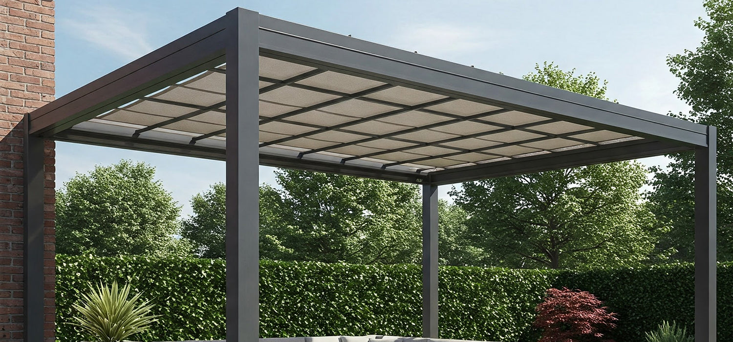 Aluminum pergola with fabric shade and outdoor furniture.