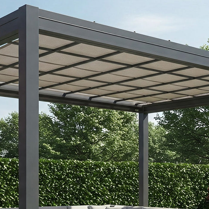 Aluminum pergola with fabric shade and outdoor furniture.