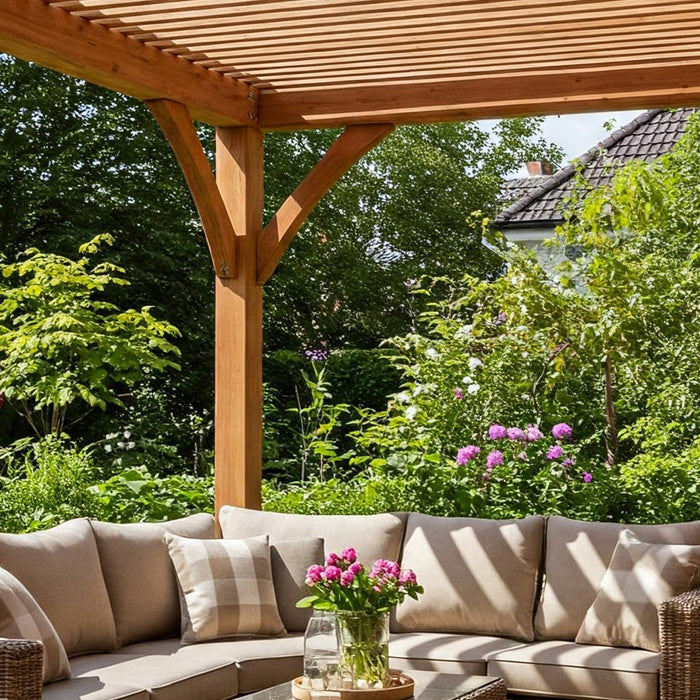 A wooden pergola with a patio set underneath