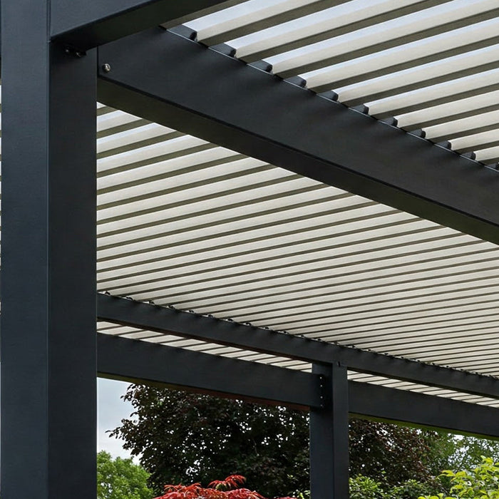 A modern pergola with adjustable louvers in a garden setting.