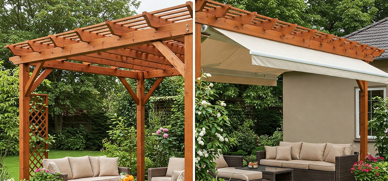 Pergola and awning side-by-side in a backyard.