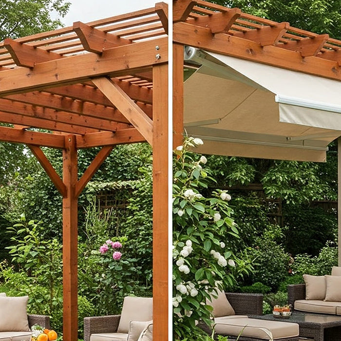 Pergola and awning side-by-side in a backyard.