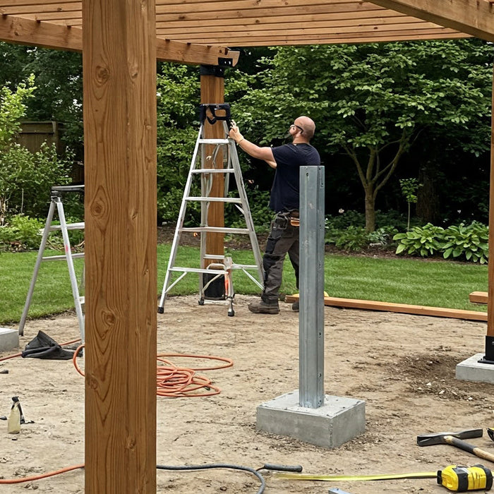 A pergola construction site with workers installing posts. One post is set in concrete, while another uses a different method. A man considers the options