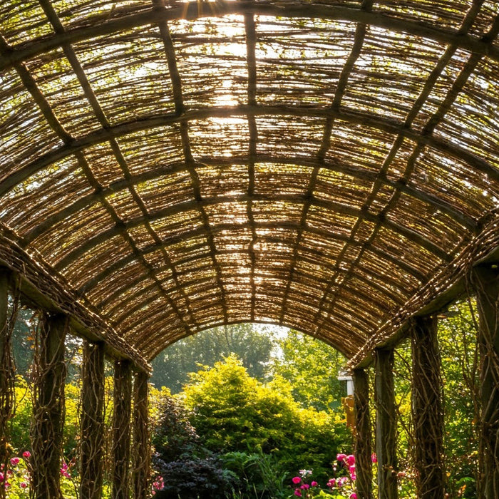 A beautiful willow pergola roof, crafted from interwoven willow branches, creates a natural and inviting outdoor space