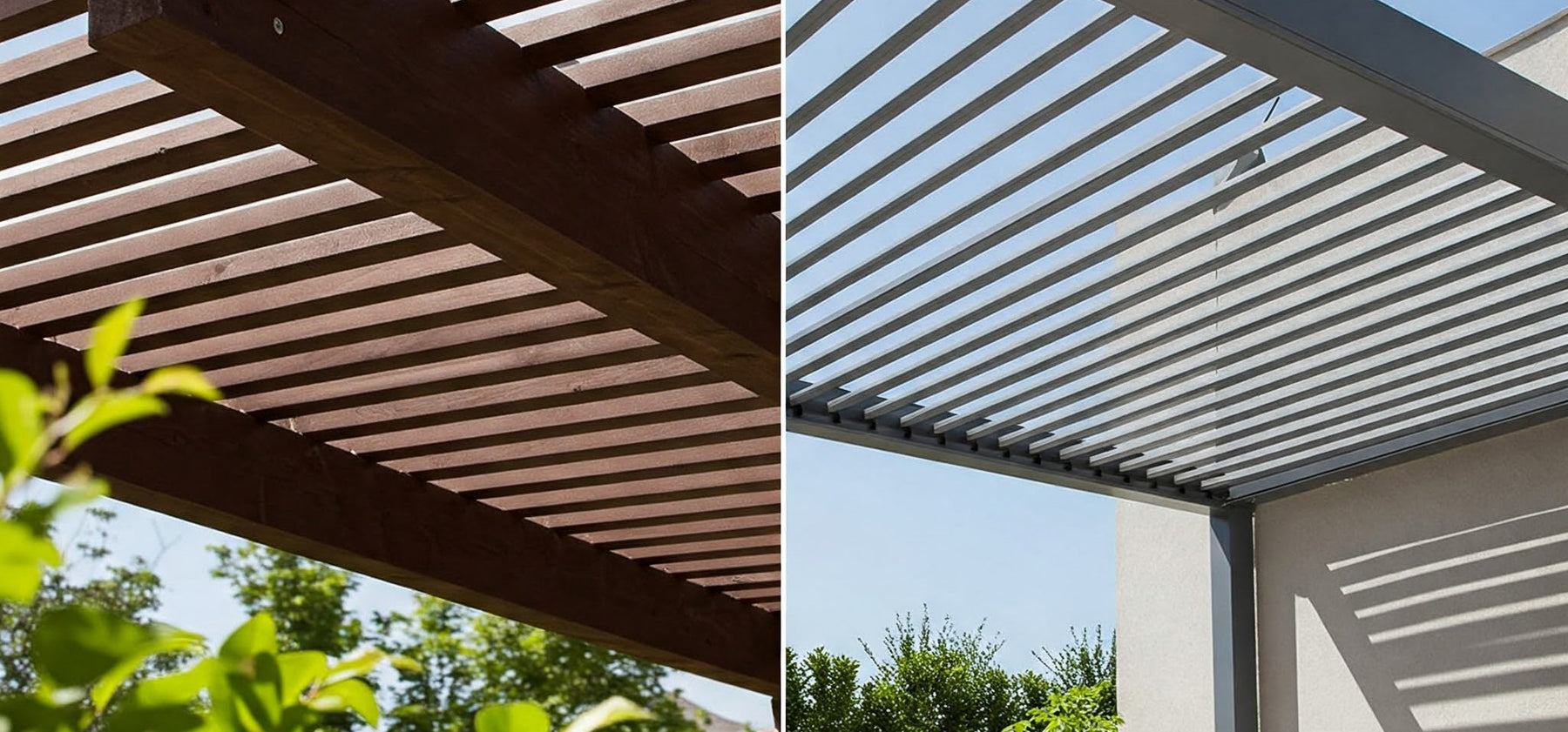 Comparison of a manual louvered pergola (left, wood) and a retractable pergola (right, metal) in a backyard setting