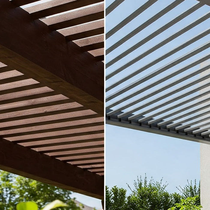 Comparison of a manual louvered pergola (left, wood) and a retractable pergola (right, metal) in a backyard setting