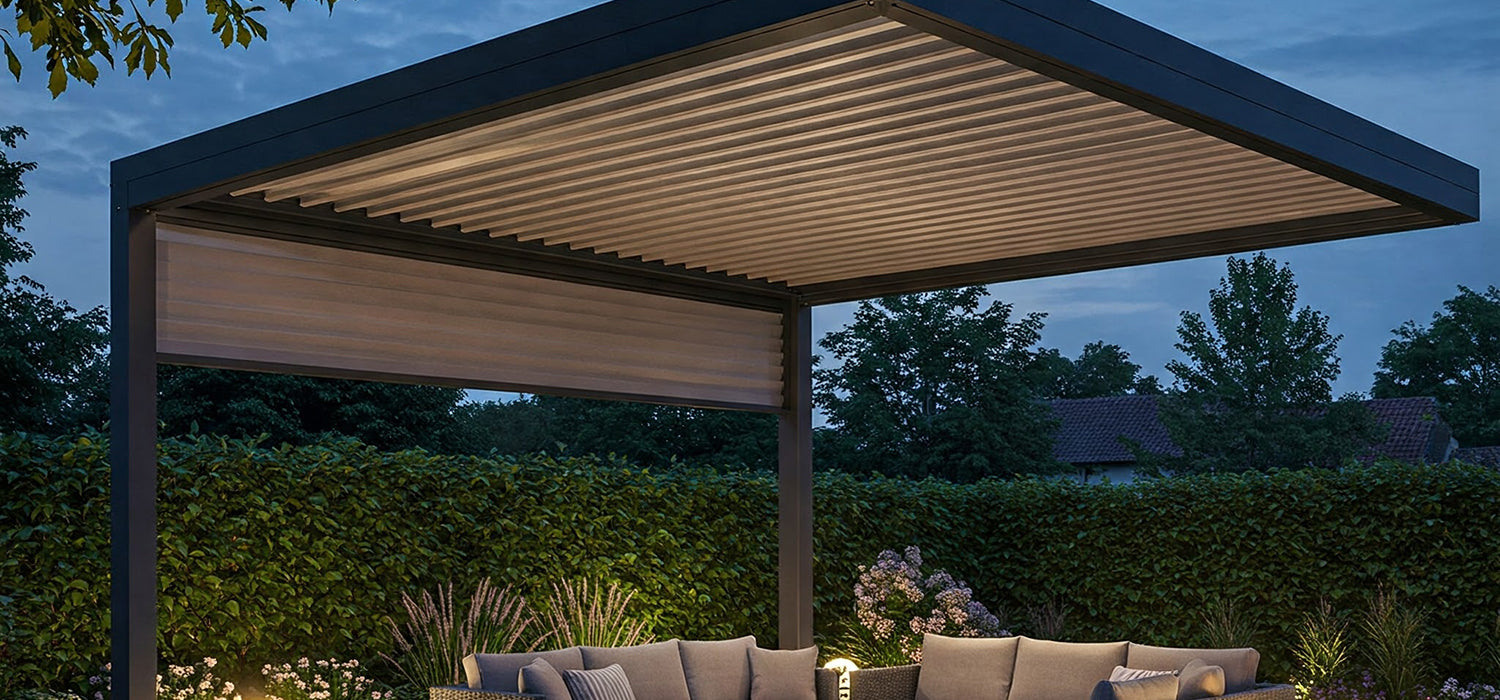 Motorized pergola with outdoor seating at dusk