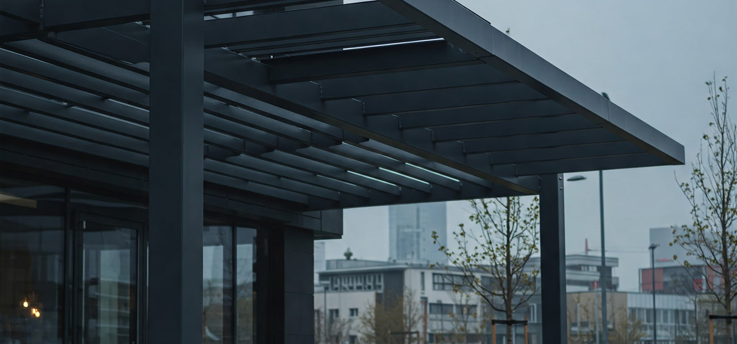 A modern gray metal pergola outside a building.