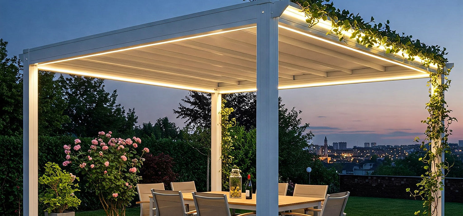 White electric pergola with lights over an outdoor dining set