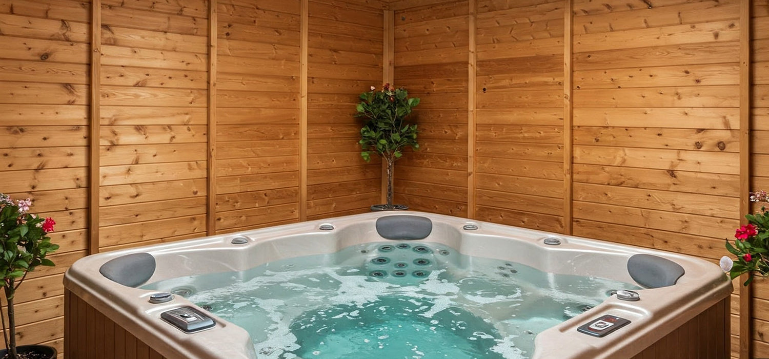Hot tub in wooden shelter.