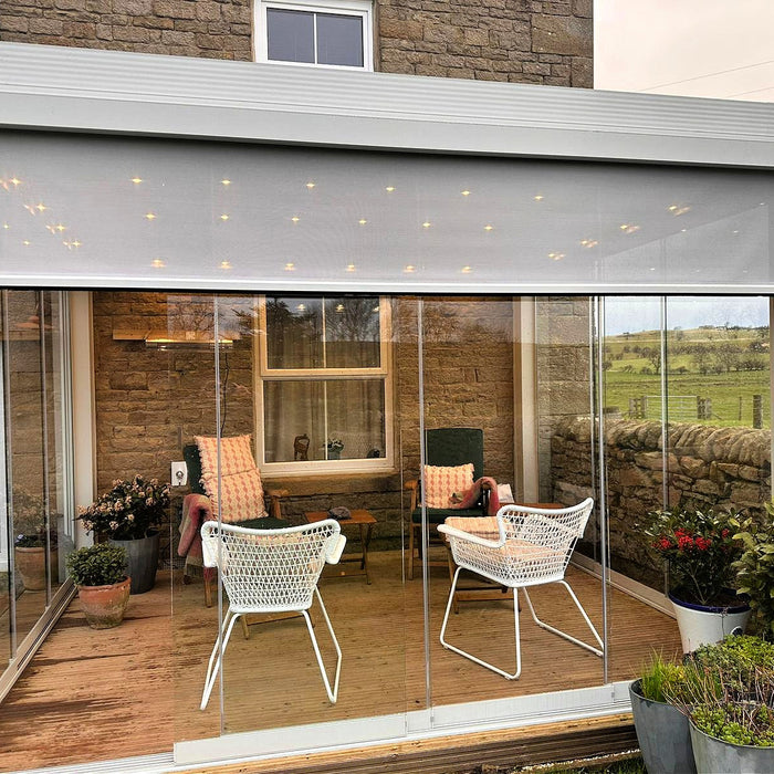 White Aluminium Pergola with LED Lighting & Privacy Screens- by OSC