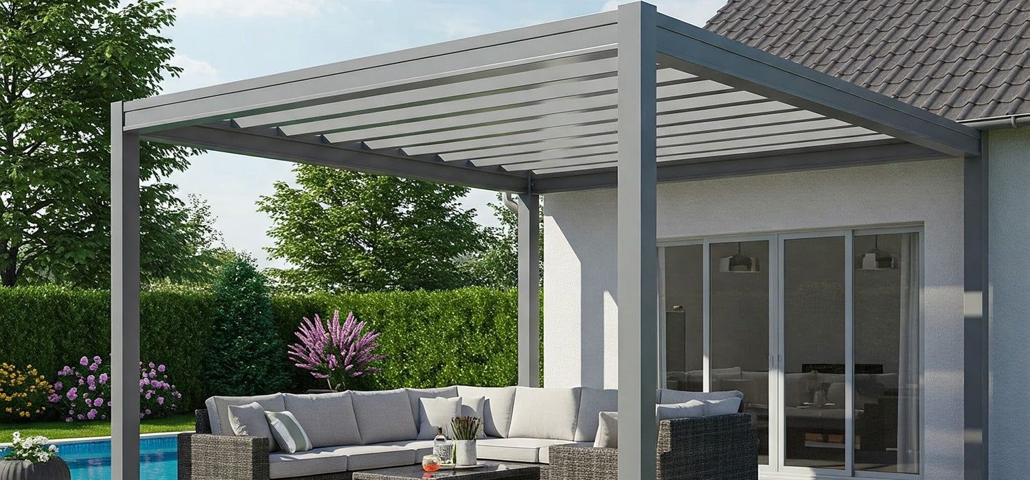 Aluminium Pergola Wall Mounted onto a White House, Which Has Patio Doors