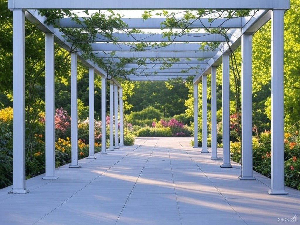 Aluminium Pergola Built on paving slabs in a beautiful garden setting