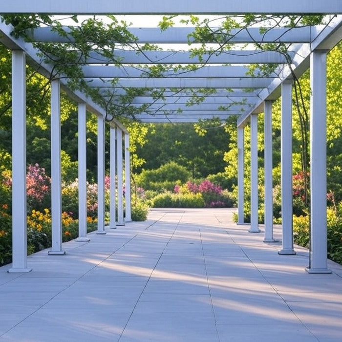 Aluminium Pergola Built on paving slabs in a beautiful garden setting