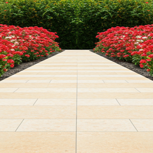 Porcelain Tiles laid between a long border of beautiful flowers