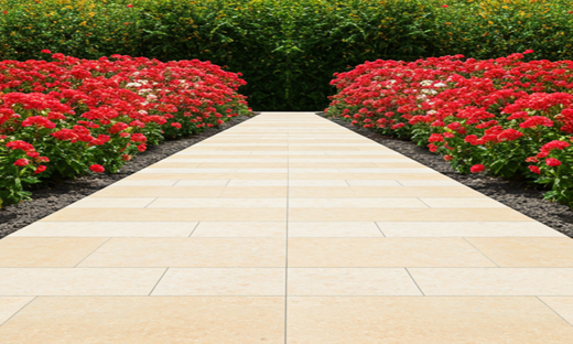 Porcelain Tiles laid between a long border of beautiful flowers