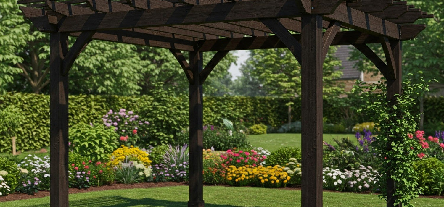 Wooden Pergola within a beautiful garden setting